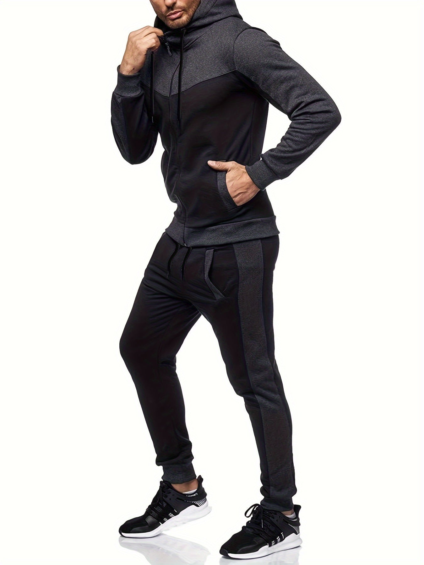 Տղամարդու առօրյա վերնաշապիկի հավաքածու՝ աշնանային և ձմեռային համար, որը ներառում է գլխարկով սվիտեր և սպորտային կարդիգան՝ պատչվորք դիզայնով։