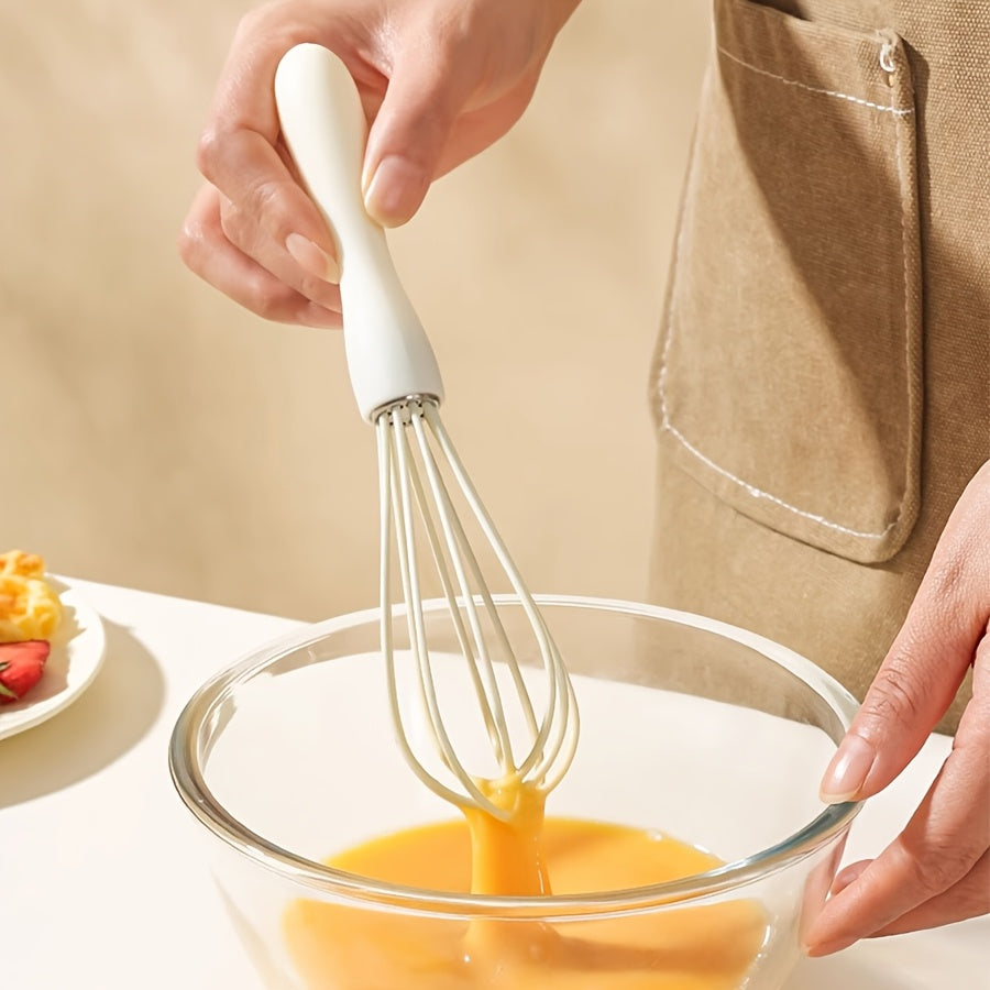 White Manual Silicone Whisk, a Hand-Held Baking Mixing Tool, Featuring 5 Highly Elastic Wires for Stirring, Easy to Clean Kitchen Baking Utensil.