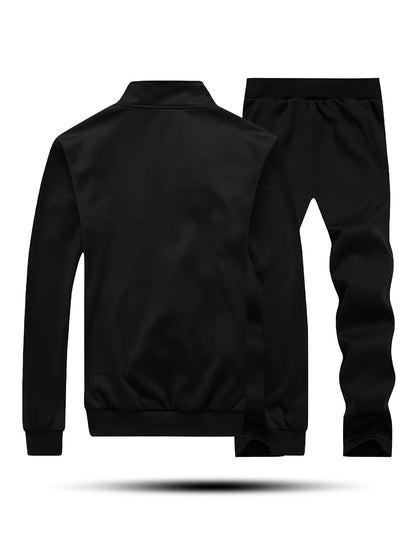 Men'S Casual Sportswear Set - Black Zip-Up Jacket & Pants with White Logo, Regular Fit, Spring/Fall Collection, Non-Stretch Fabric, Casual Attire|Zipup Jacket|Pants with Logo, Sweater Pants