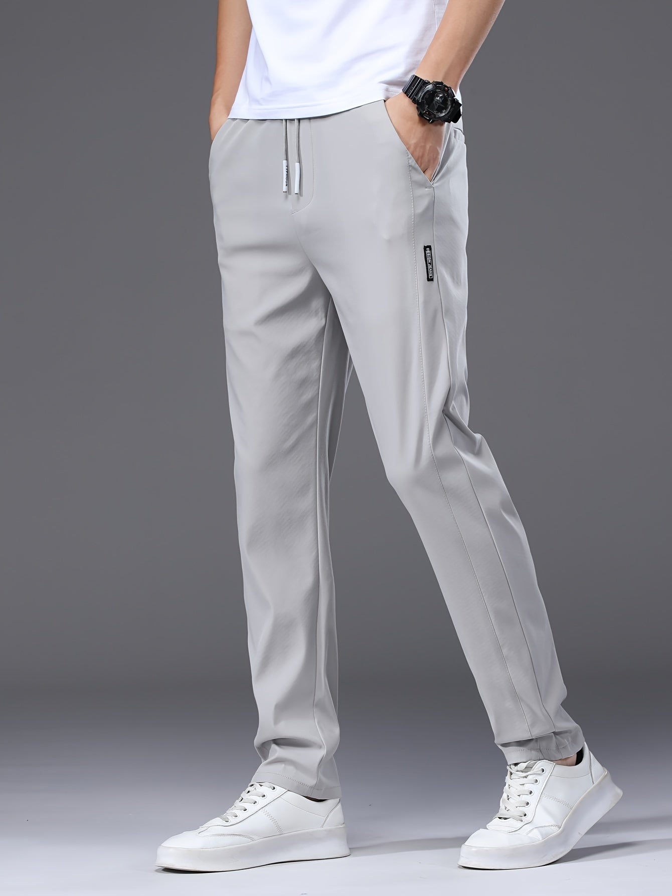 Men's Slim Fit Casual Drawstring Sports Pants, Summer Lightweight Trendy Elastic Quick-Dry Long Trousers, Stylish Comfortable Leisure Wear