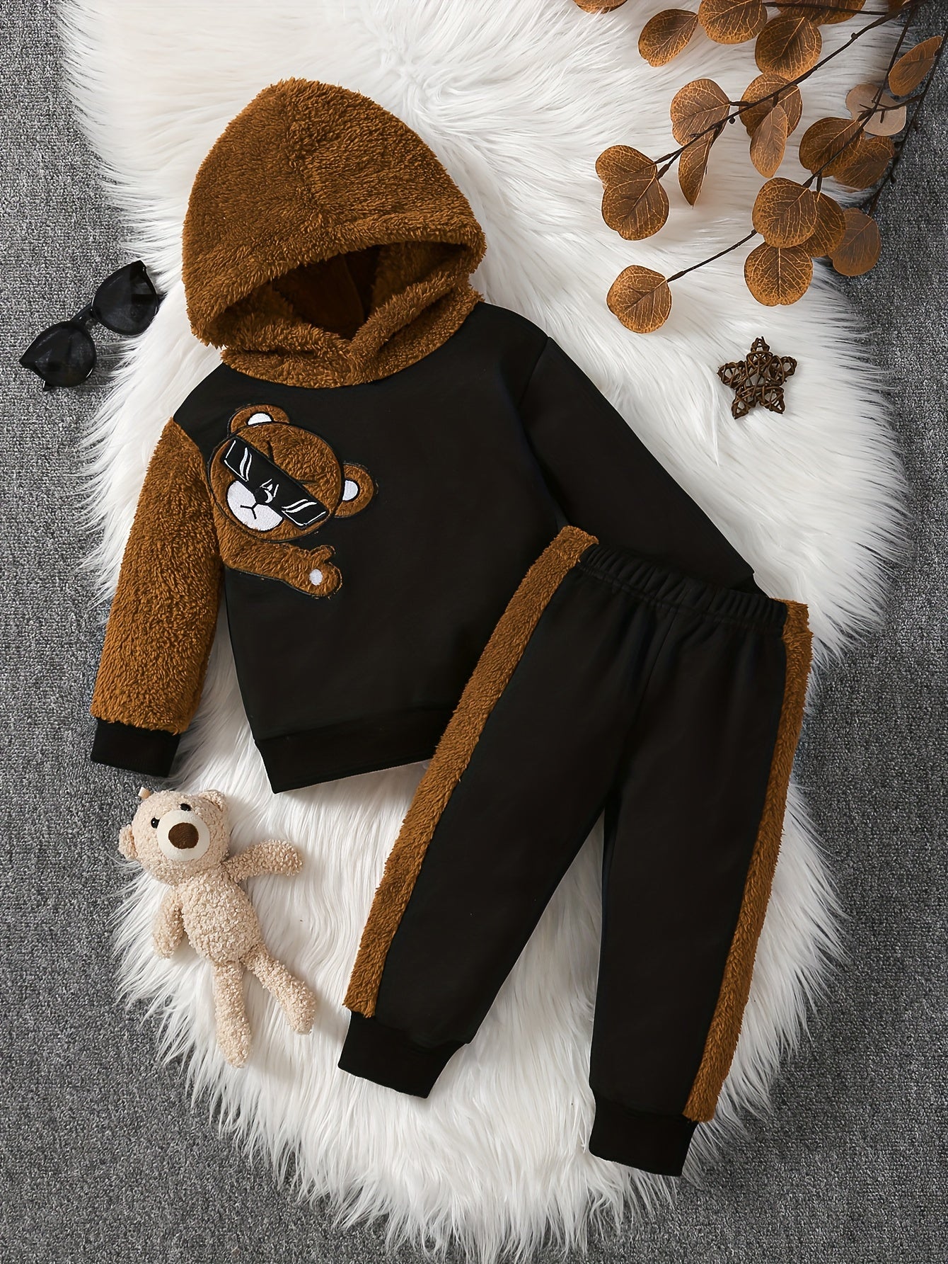 Cozy & Cute Boys' 2pcs Set: Fleece-Lined Bear Embroidered Hoodie and Pants - Perfect for Fall/Winter, Perfect for Outdoor