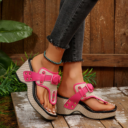 Կանացի հաստ հարթակային սանդալներ մետաղական կեռիկներով - Սահող քառակուսի քթով, շնչող գործվածքից պատրաստված վերին մաս, ռետինե ներբան՝ առօրյա հարմարավետության համար, հարմարավետ կոշիկներ, նրբագեղ դիզայն, դիմացկուն կոշիկներ՝ ամուր կպչունության համար։