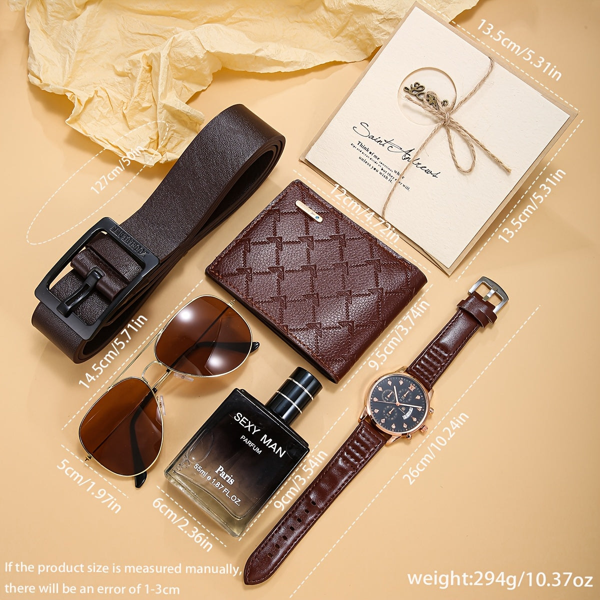 6 հատ տղամարդու գործնական ոճի դրամապանակ-ժամացույցի ժապավեն + երկարակյաց թարմ բույրով օծանելիքի բաժակներ և շնորհավորական բացիկների նվերների հավաքածու՝ կատարյալ նվեր նրա համար տարեդարձի կամ ծննդյան օրվա առթիվ