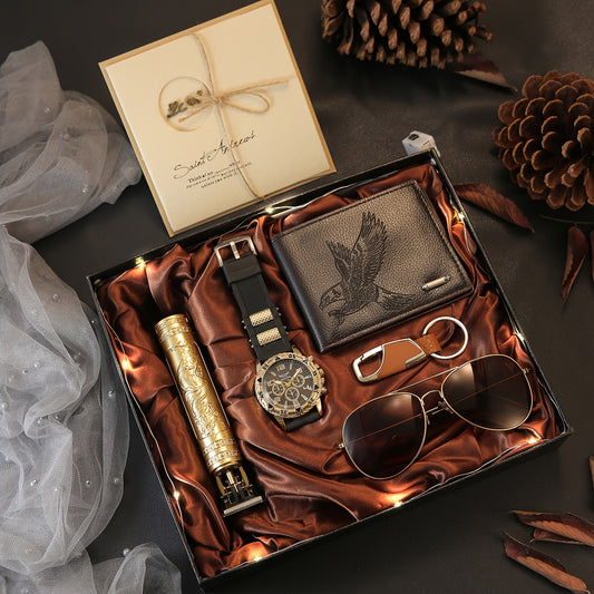 Նորաձև տղամարդկանց շքեղ 7 հատ գործարար խառնվածքի ժամացույցի նվերների տուփի հավաքածու, ներառյալ մազ կտրիչի դրամապանակ, նորաձևության ակնոցներ և այլն, կատարյալ երեկույթի նվեր տոնական նվերի համար