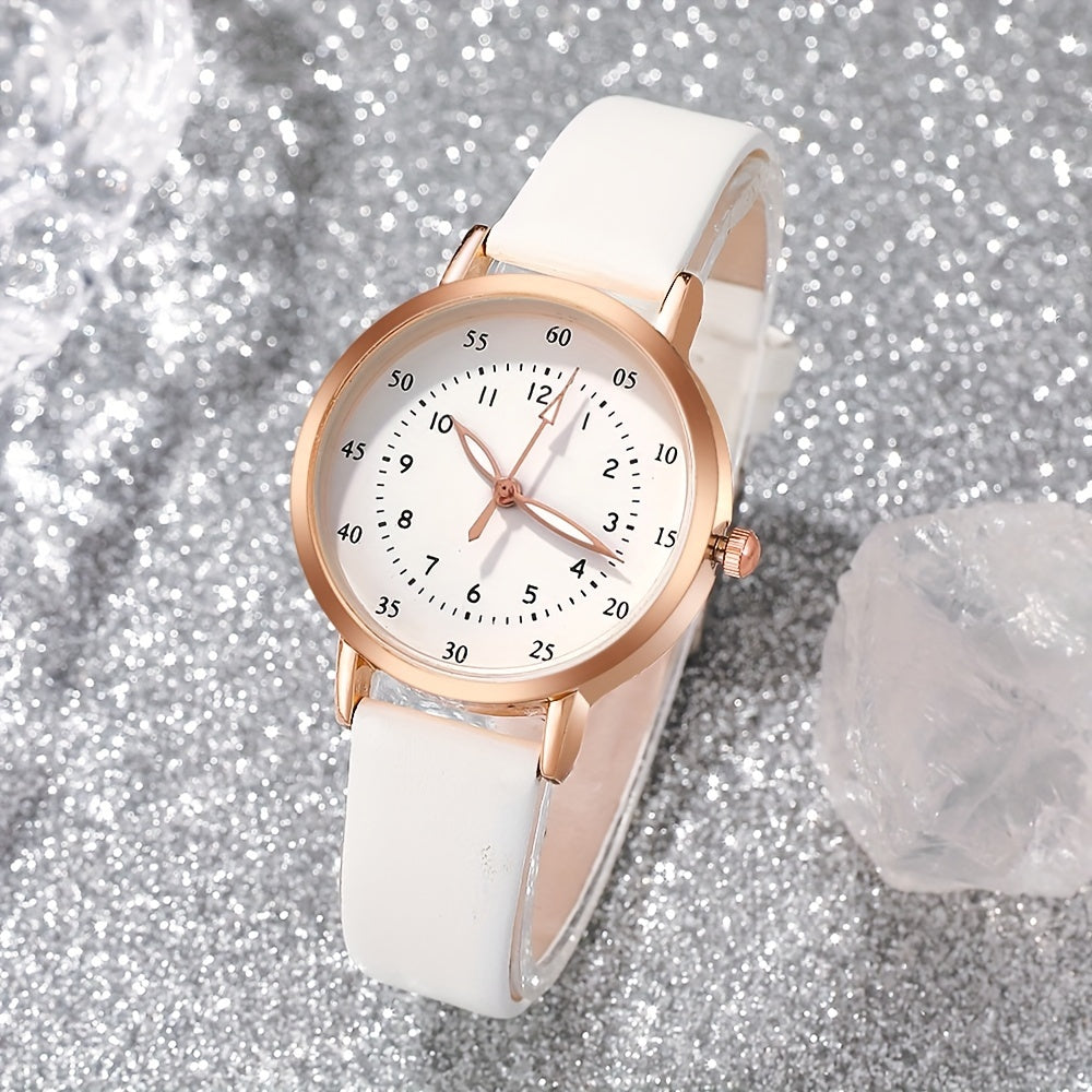 Elegant 5pcs Women's Quartz Watch & Jewelry Set - Round, Faux PU Leather Strap, Zinc Alloy Case - Perfect Gift for Valentine's, Easter, Birthdays, Christmas - Ayq