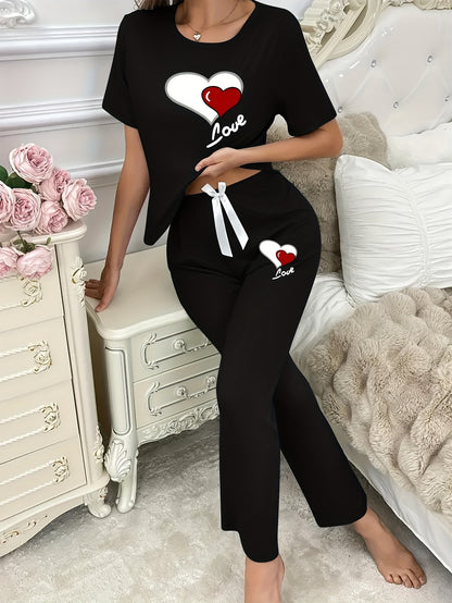 Casual Leisure Suit, Women's Double Love Print Short Sleeve Round Neck T-shirt and Pants Pajama Two-Piece Set Casual Comfortable Soft Home Clothes
