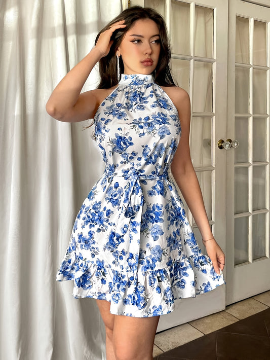 Elegant Floral Print Sleeveless Dress with Ruffle Hem - Choker Neck, Knee-Length, Lightweight Polyester, Machine Washable - Ideal for Spring/Summer/Fall Events - ayq