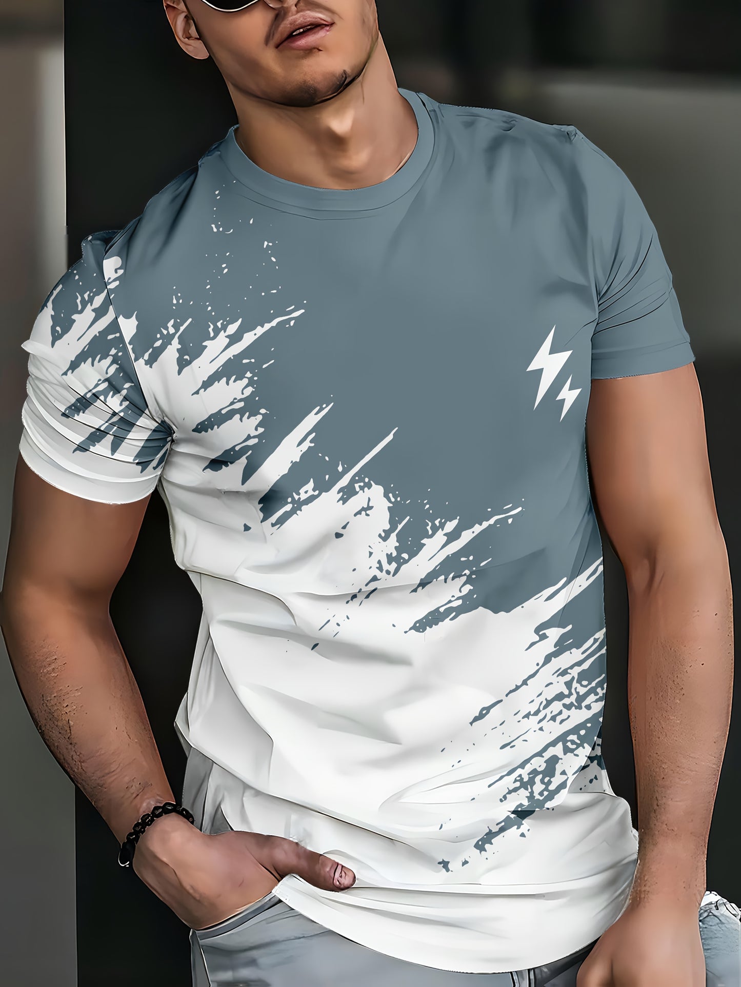 Men's Casual Short Sleeve T-Shirt with 3D Lightning Print, Dual-Tone Design, Round Neck - Polyester Blend, Machine Washable, Ideal for Summer Outdoor Activities, Summer Casual Wear|Round Neck Top|Smooth Fabric