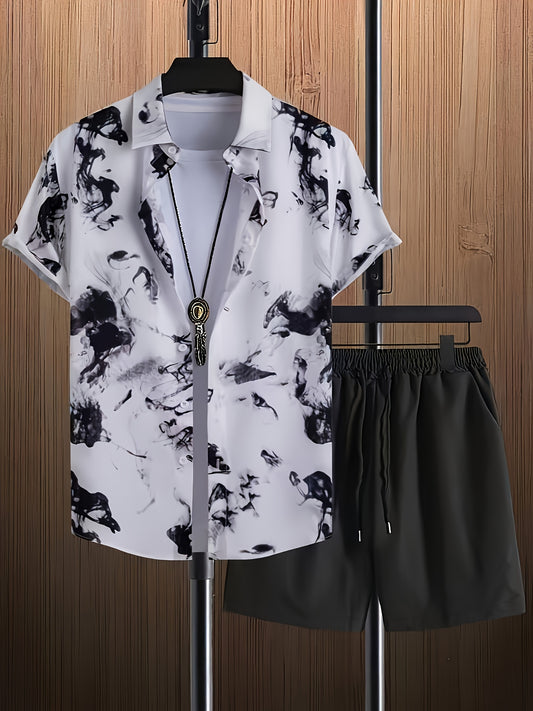 2 հատ, տղամարդու կարճ թևքով, կոճակներով օձիքով վերնաշապիկ, տպագիր նախշով, զուգորդված լարով շորտերի հետ, տղամարդու նորաձև, առօրյա հագուստ