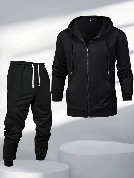 Men's Two-Piece Sportswear Suit: Zipper Hoodie + Sweatpants Set, Spring/Autumn Solid Color Regular Long Sleeve Zipper Hoodie with Drawstring, Threaded Trousers, Casual Sportswear Two-Piece Set