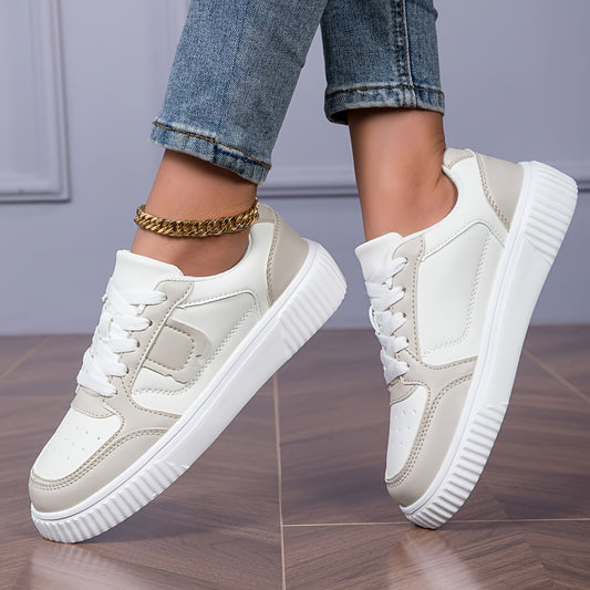 Women's Plus Size Lightweight Casual Sneakers - Thick Sole Slip-Resistant EVA Sole, Breathable Mesh Lining, Round Toe Lace-Up Design, All-Season Comfort, Two-Tone Color Options (White/Brown)