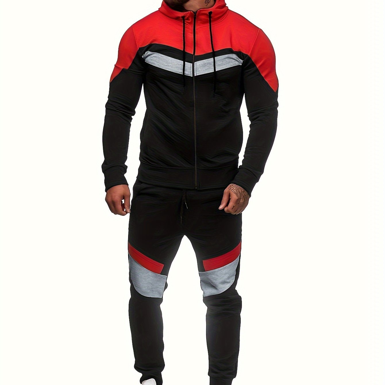 Տղամարդու աշնանային և ձմեռային բրդյա սվիտերի հավաքածու՝ գլխարկով և լարով, պատչվորք սպորտային տաբատով, առօրյա, սպորտային ոճի երկար թևքով բաճկոնով