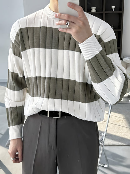 Men'S Stylish Striped Knit Pullover Sweater - Casual Round Neck, Suitable for Wearing in Spring, Autumn, And Winter