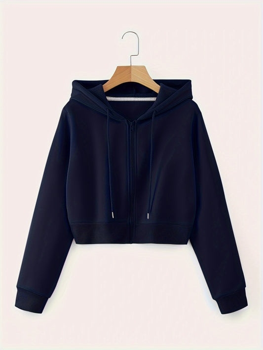 Zip Up Cropped Drawstring Hoodie, Casual Long Sleeve Sweatshirt For Spring & Fall, Women's Clothing - ayq