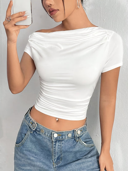 Women'S Asymmetrical Shoulder Ruffled Hem Short T-Shirt - ayq