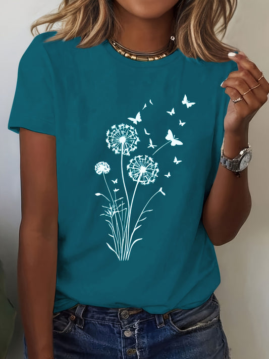 Women's Casual Dandelion Print T-Shirt - Soft Polyester Blend, Stretchy & Machine Washable, Crew Neck, Short Sleeve - Perfect for Spring & Summer
