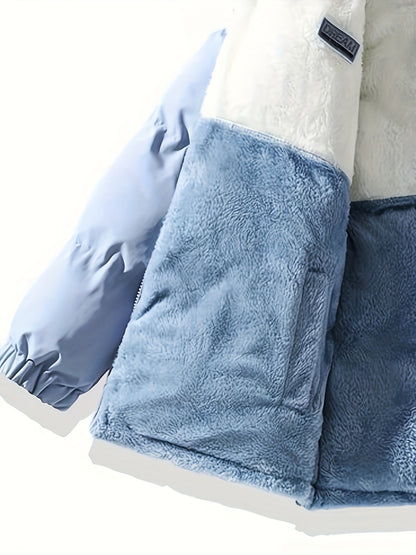 Men'S Double-Sided Fleece-Lined Thickened Jacket - Casual Stand Collar with Letter Print, Regular Fit, Pockets, Polyester Fill, Versatile for Fall/Winter, Winter Jacket