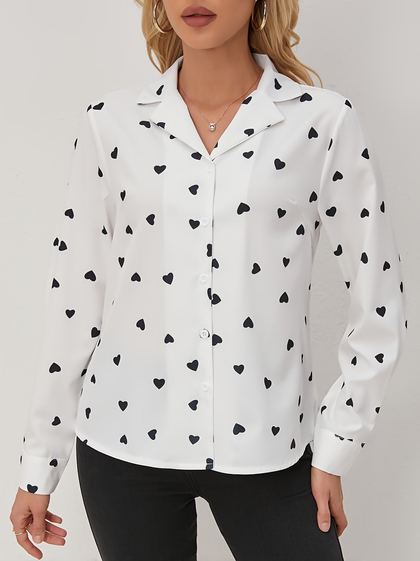 Elegant Women's Heart Pattern Long Sleeve Button-Up Shirt - Semi-Sheer, Polyester, Machine Washable - Perfect for Spring/Fall - ayq
