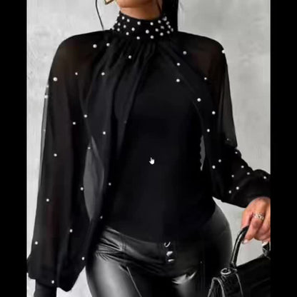 Կանացի էլեգանտ բաց ուսով/մեկ ուսով թունիկ վերնաշապիկ - կարմիր/ - երկար թևքով բլուզ մարգարիտանման ուլունքներով - պաշտոնական և ամենօրյա շքեղ հանդերձանք - գարուն/աշուն, նորաձևության սիրահարներ, ոճային բլուզ, որակյալ կար, նրբագեղ դիզայն, սե