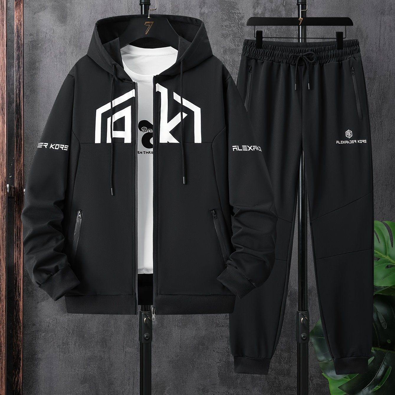 Տղամարդու AK տառերով տպագրությամբ երկար թևքերով վերնաշապիկ՝ կայծակաճարմանդով և երկար տաբատով, երկկտոր հավաքածու, թեթևակի ձգվող հարմարավետ հագուստ գարնան և աշնան համար