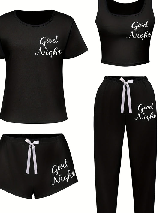 4pcs Women'S Sleepwear Set - Soft & Casual "Good Night" Print, Short Sleeve T-Shirt, Shorts & Pants with Bow Detail - Perfect for Spring, Summer, Fall & Winter - Soft, Comfortable Loungewear