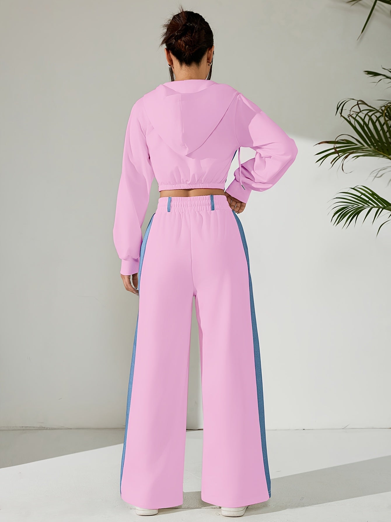 Women'S Stylish Two-Piece Set - Blue & Black Zip-Up Hoodie with Pockets, Long Sleeve Crop Top, and Wide-Leg Pants, Perfect for Spring/Fall, Casual Elegance, Casual Attire|Modern Casualwear|Zippered Hoodie