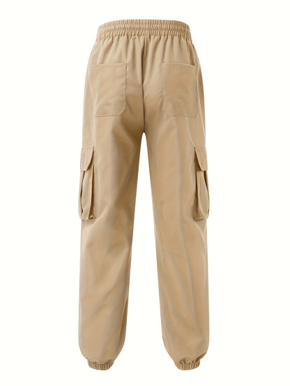 Men'S Fashion Cargo Pants, 100% Polyester Woven Fabric, All-Season Loose Fit with Drawstring Waist, Multi-Pocket Design, Solid Color, Mid Waist, Regular Length, Non-Stretch, Casual Joggers for Weekend - 160g/m²