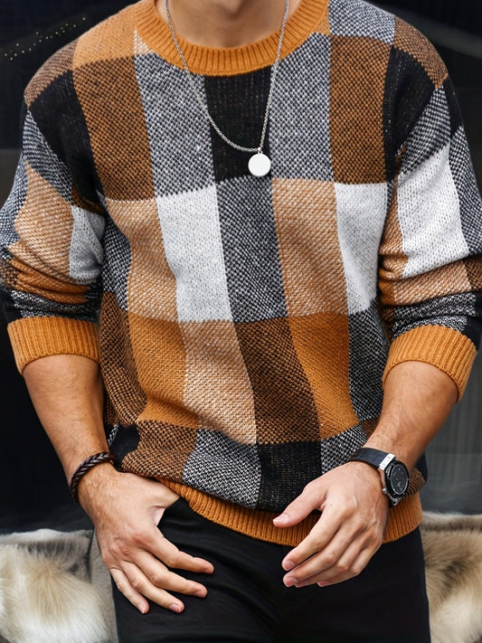 Men'S Casual Plaid Crew Neck Knit Sweater | Loose Fit, Long Sleeve, Fashionable Color Block Design, Suitable for Fall/Winter