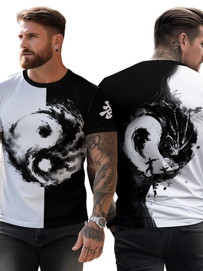 Տղամարդու Յին Յանգ 3D տպագրությամբ մարզաշապիկ՝ առօրյա, կլոր վզնոցով պոլիեսթերային մարզաշապիկ, թեթևակի ձգվող տրիկոտաժե գործվածք, սովորական չափս, 100% պոլիեսթերային մանրաթել, 100 գ/մ²