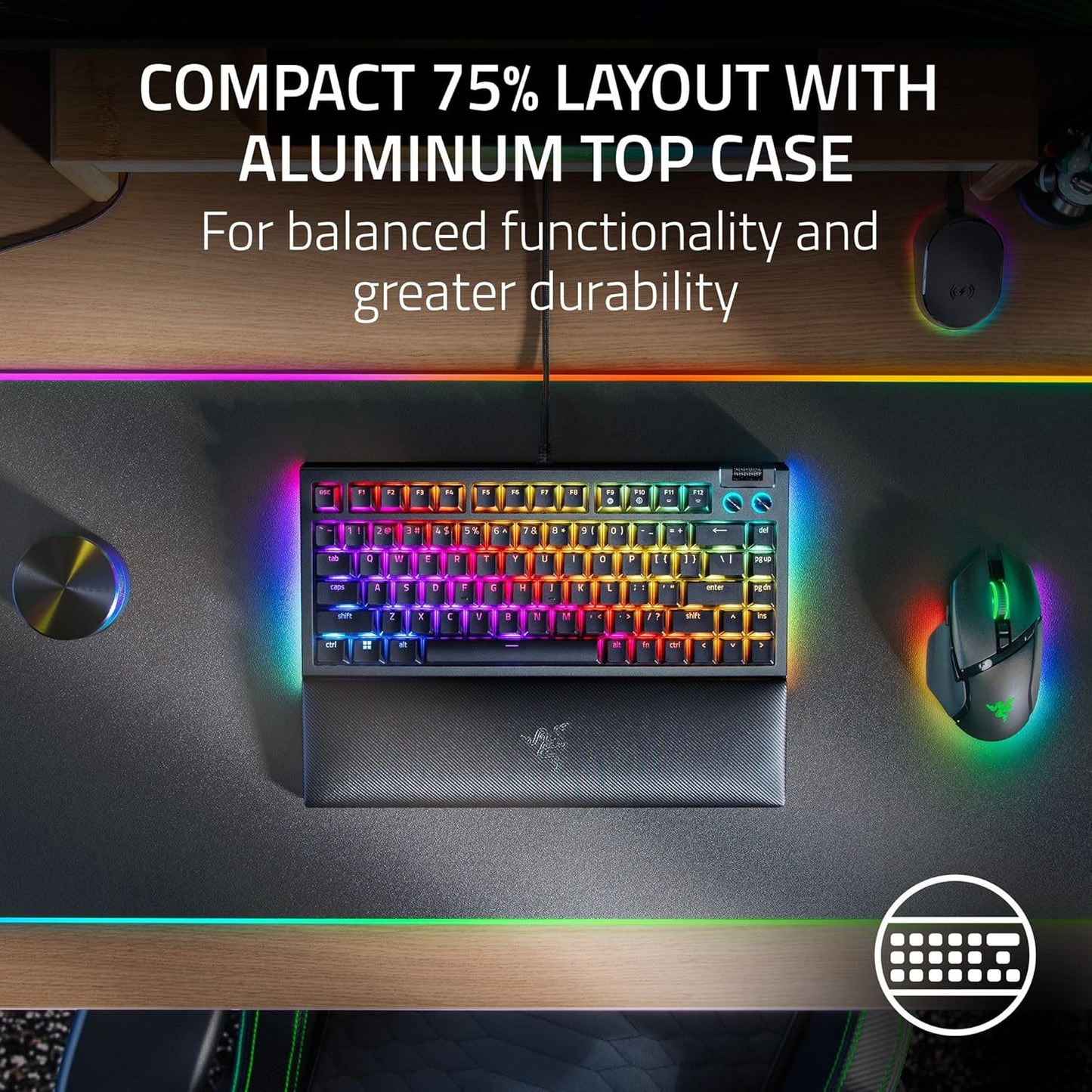 Razer Blackwidow V4 75% Mechanical Gaming Keyboard: Hot-Swappable Design - Compact & Durable - Orange Tactile Switches - Chroma RGB - MF Roller & Media Keys - Comfortable Wrist Rest - Black