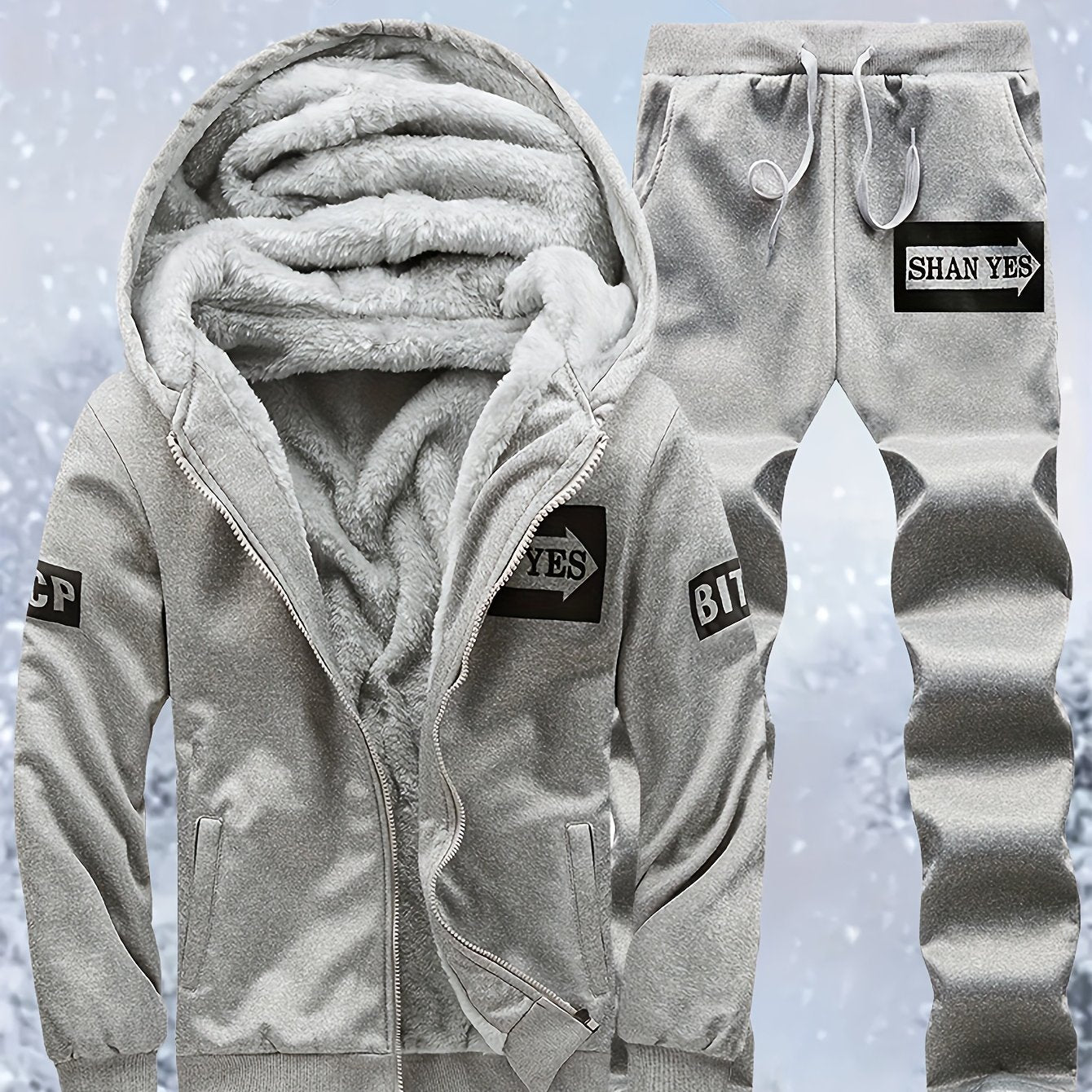 Տղամարդու «SHAN YES» այբուբենի նախշերով, խիտ աստառով, գլխարկով սվիտերի և վազքի համար նախատեսված տաք մարզական հագուստ, աշնանային և ձմեռային։