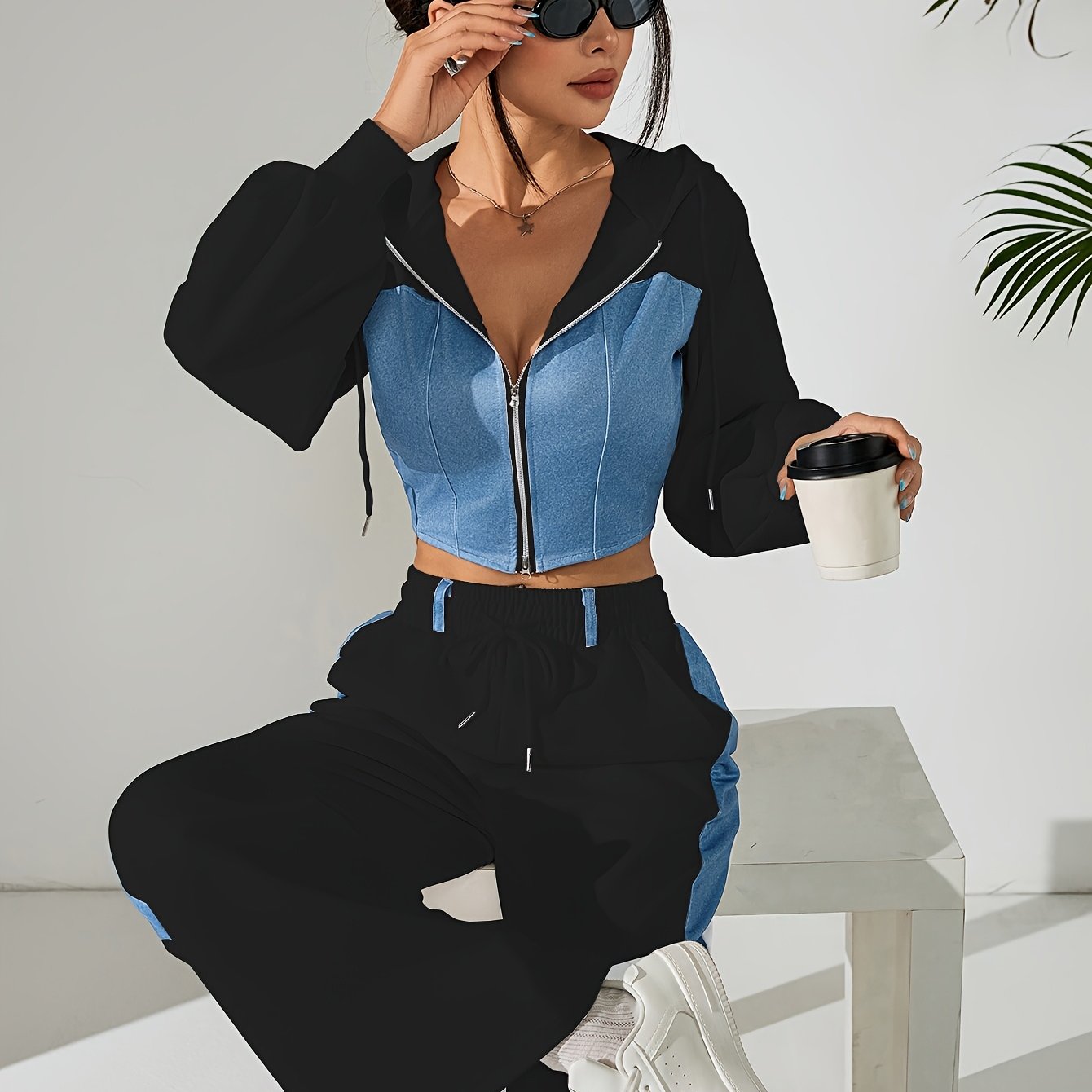 Women'S Stylish Two-Piece Set - Blue & Black Zip-Up Hoodie with Pockets, Long Sleeve Crop Top, and Wide-Leg Pants, Perfect for Spring/Fall, Casual Elegance, Casual Attire|Modern Casualwear|Zippered Hoodie