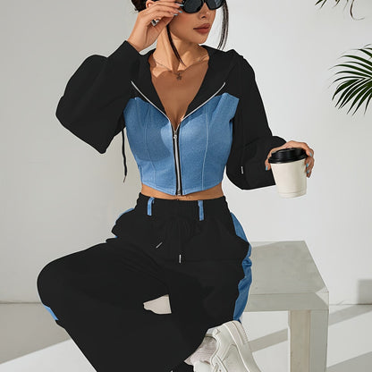 Women'S Stylish Two-Piece Set - Blue & Black Zip-Up Hoodie with Pockets, Long Sleeve Crop Top, and Wide-Leg Pants, Perfect for Spring/Fall, Casual Elegance, Casual Attire|Modern Casualwear|Zippered Hoodie