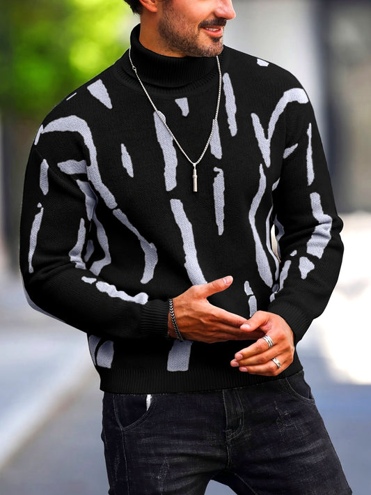 Men's Zebra Print High Neck Novelty Sweater Autumn Winter Casual Knit Pullover