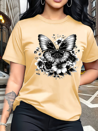 Circle Chic թիթեռի նախշերով շապիկ - նրբագեղ դիզայն, կլոր վզնոցով ամենօրյա վերնաշապիկ - շնչող և թեթև, իդեալական է գարուն/ամառ զգեստապահարանի համար