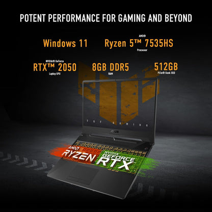ASUS TUF Gaming A15 Gaming Laptop, 15.6” FHD 144Hz Display, NVIDIA® Geforce RTX™ 2050, AMD Ryzen™ 5 7535HS, 8GB DDR5, 512GB Pcie® Gen4 Nvme™ SSD, Wi-Fi 6, Windows 11, FA506NF-ES51