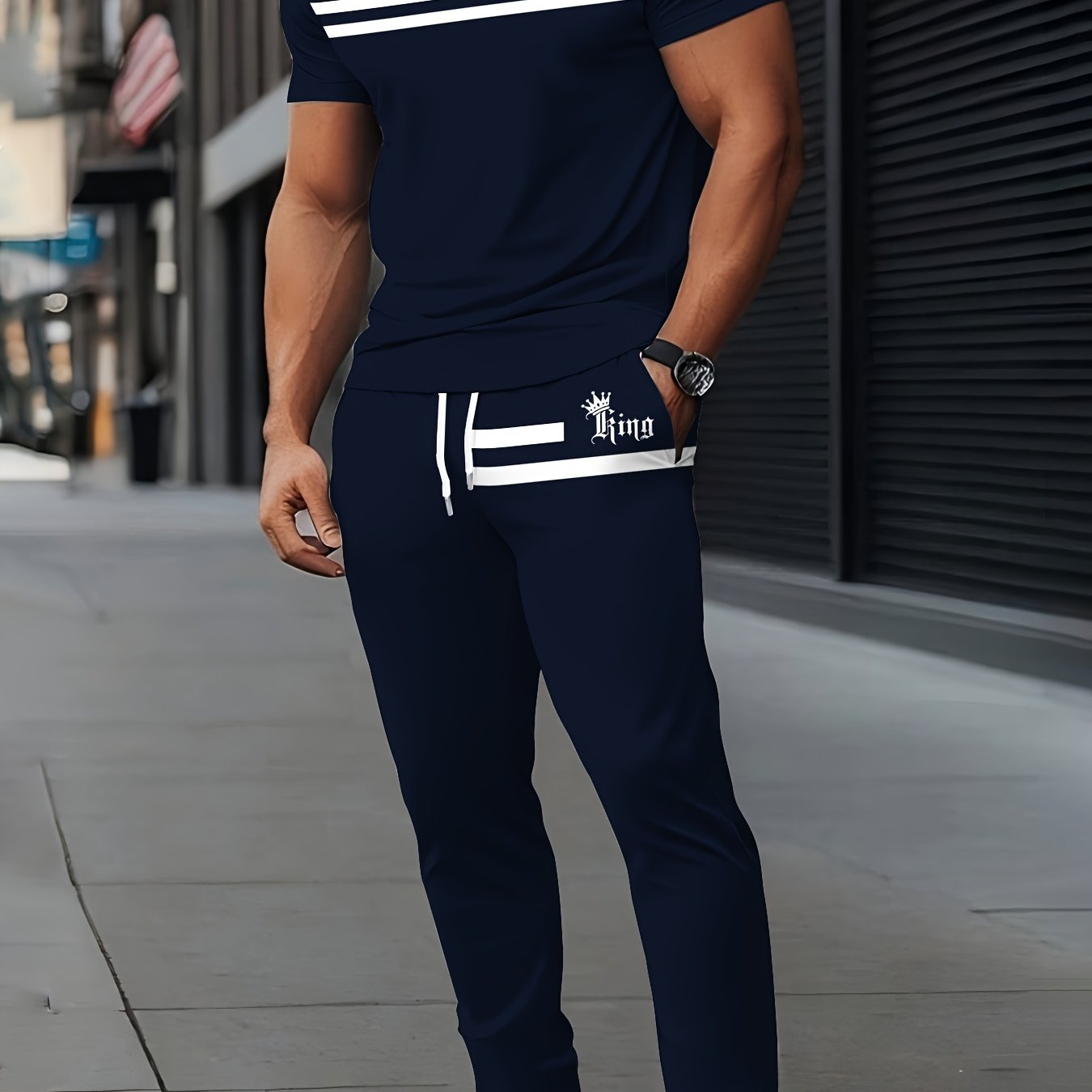 3D Digital Stripe Letter Crown Print - Suitable for Daily Outdoor Leisure Sports Men'S Two-Piece Set