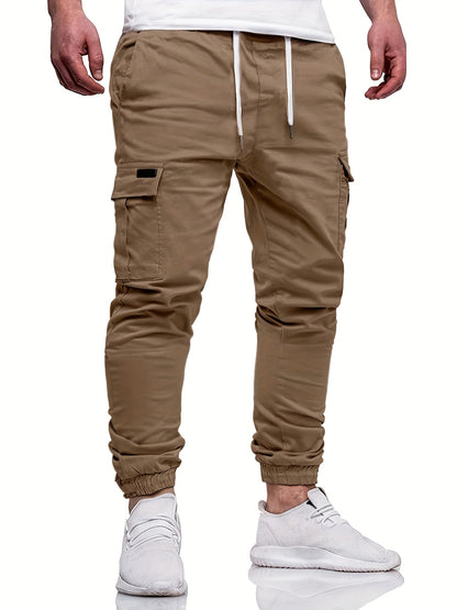 Men's Fashion, Regular Fit And Cuffed Solid Cargo Pants With Flap Pockets, Chic And Trendy Solid Drawstring Leisure Trousers For Daily Outerwear - ayq