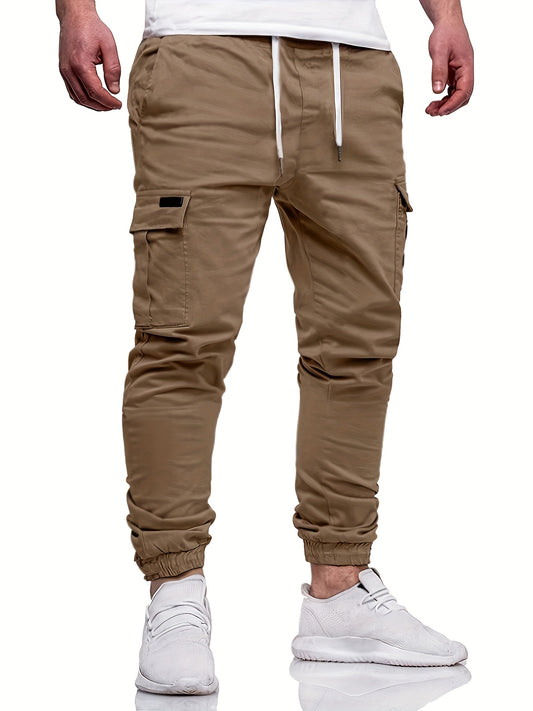 Men's Fashion, Regular Fit And Cuffed Solid Cargo Pants With Flap Pockets, Chic And Trendy Solid Drawstring Leisure Trousers For Daily Outerwear - ayq