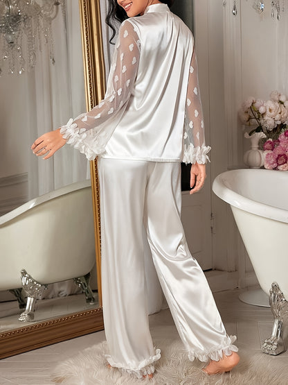 Կանացի եռաչափ ժանյակավոր սրտաձև ցանցով, փայտե ծաղկային թևքերով երկար թևքերով պիժամայի հավաքածու՝ ծալքավոր եզրով, միագույն, բոլոր եղանակների հարմարավետություն, երկար տաբատ, սպագետի ժապավենով օձիք, գրպանի փակում