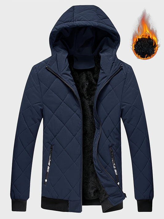 Men's Casual Fleece-Lined Hoodie Jacket - Warm, Windproof Zip-Up Coat with Quilted Design for Fall/Winter, Winter Coat - ayq