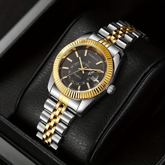 KASRLUO Էլեգանտ կանացի ոսկեգույն երանգի չժանգոտվող պողպատից քվարցե ժամացույց՝ ամսաթվի ցուցադրմամբ, անալոգային հռոմեական թվերով և կարգավորվող թագով - ոճային կլոր համաձուլվածքից պատյան և ժապավեն՝ բարդ ժամանակաչափման համար, նորաձև աքսեսուար | Sophisticate