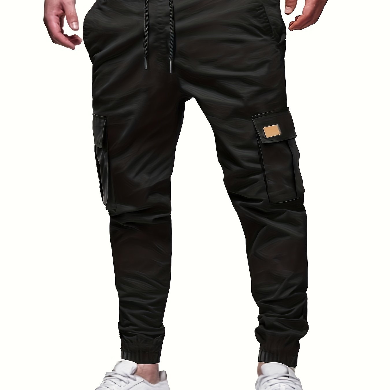 Men'S Fashion Cargo Pants, 100% Polyester Woven Fabric, All-Season Loose Fit with Drawstring Waist, Multi-Pocket Design, Solid Color, Mid Waist, Regular Length, Non-Stretch, Casual Joggers for Weekend - 160g/m²