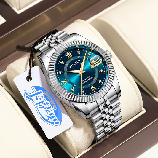 KASRLUO Elegant Men's Quartz Watch - Luminous Date Display, Golden-Tone Stainless Steel Band, Business Style with Rhinestone Detailing, Battery Operated