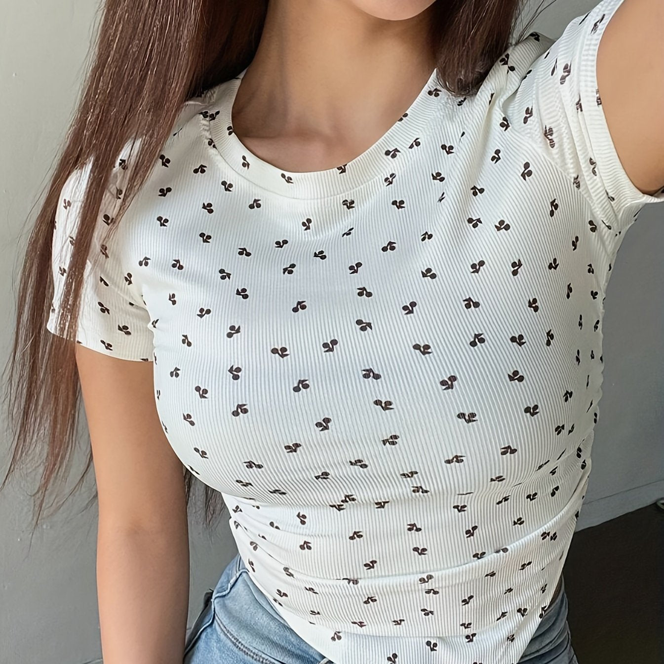 Women's Fruit and Vegetable Print Short Sleeve T-Shirt, Round Neck, Polyester Spandex Blend, Machine Washable - All Seasons - ayq