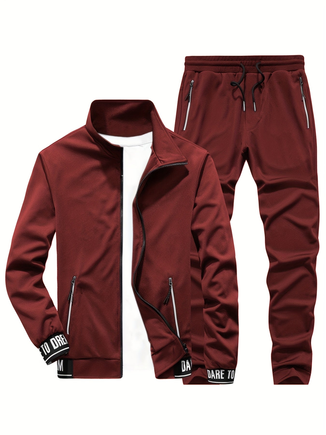 Տղամարդկանց ամենօրյա սպորտային հագուստի հավաքածու - բեժ գույնի ճարմանդով բաճկոն և մարզական տաբատ "DARE TO BE" տպագրությամբ, երկար թևերով, գրպաններով և քաշվող գոտիով, իդեալական է վազքի և հանգստի համար, գարուն/աշուն հավաքածու, գարուն-աշուն հագուստ | Zipup J
