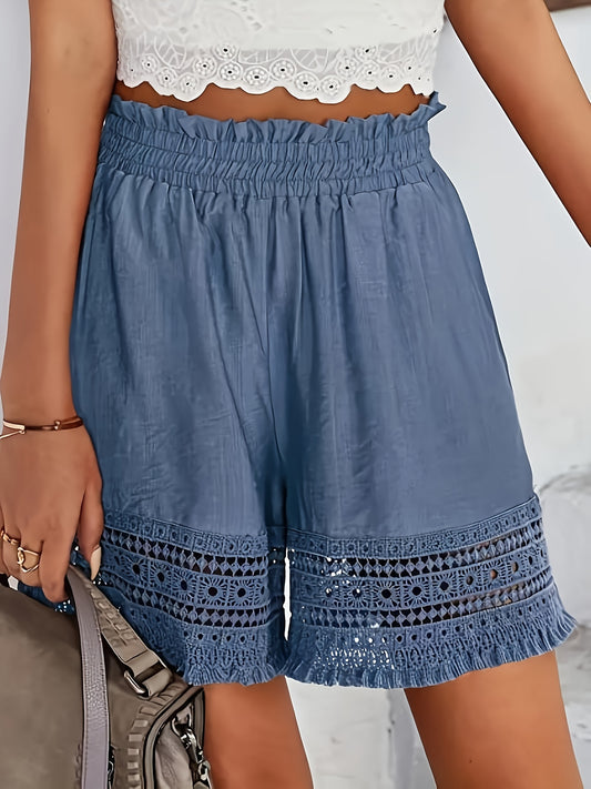 Solid Tassel Hem Loose Shorts, Vacation Paper Bag Waist Summer Shorts, Women's Clothing