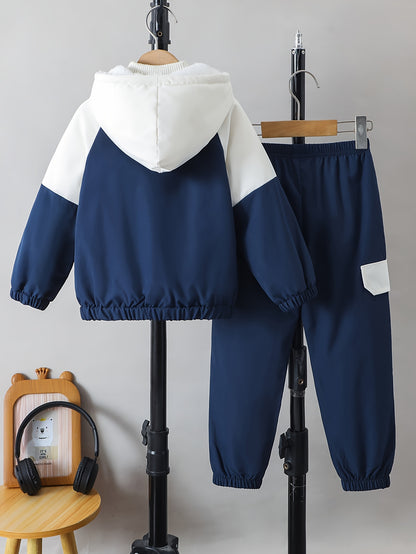 Boys' Casual Fleece-Lined Jacket with Utility Pockets, Open Front Zipper, Matching Single-Pocket Workwear Pants for Autumn/Winter, Perfect for Outdoor Wear, Winter Clothing, Workwear Style, Durable Fabric, Zipup Jacket, Young