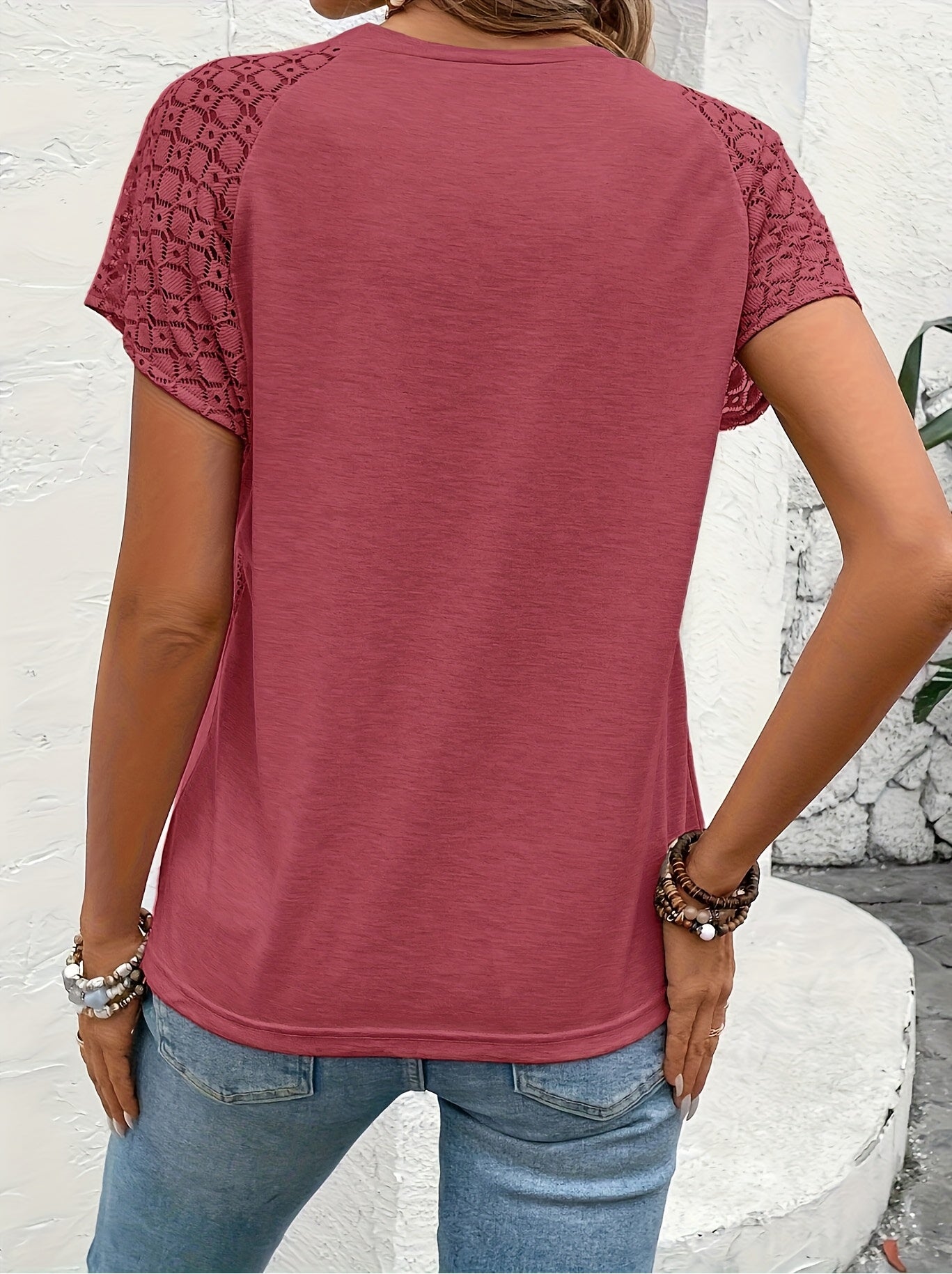 Women's Elegant Lace Sleeve T-Shirt - 100% Polyester, Machine Washable, Solid Color, Spring Summer Fall Casual Top, Versatile for Everyday & Special Occasions, Ladies T Shirts, Sophisticated Casual Wear, Polished Texture Fabr