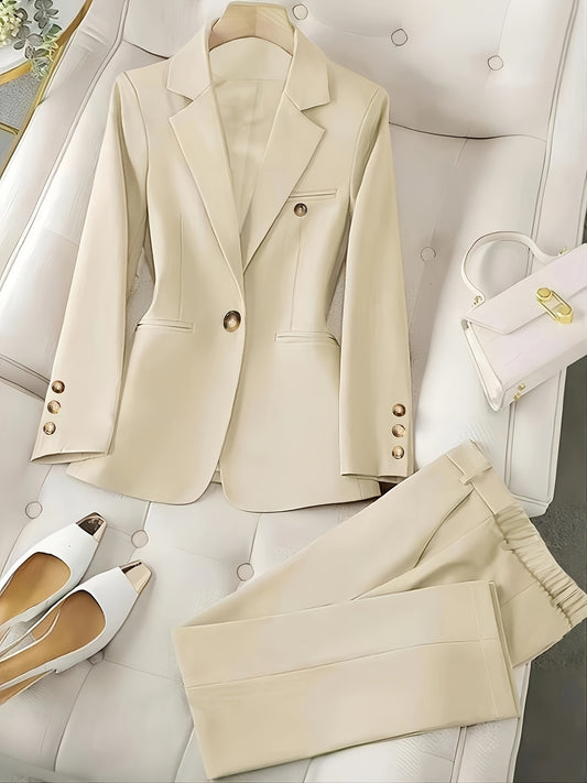 Women's Casual Beige Blazer and Pants Set - Polyester, Long Sleeve, Double-Breasted, Lapel Collar, with Pockets, Machine Washable - ayq